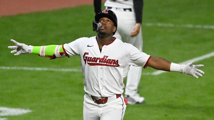 Sep 19, 2026; Cleveland, Ohio, USA;  Cleveland Guardians left fielder Angel Martinez (1) celebrates his solo home run in the fourth inning against the Athletics at Progressive Field.  Mandatory Credit: David Richard-Imagn Images