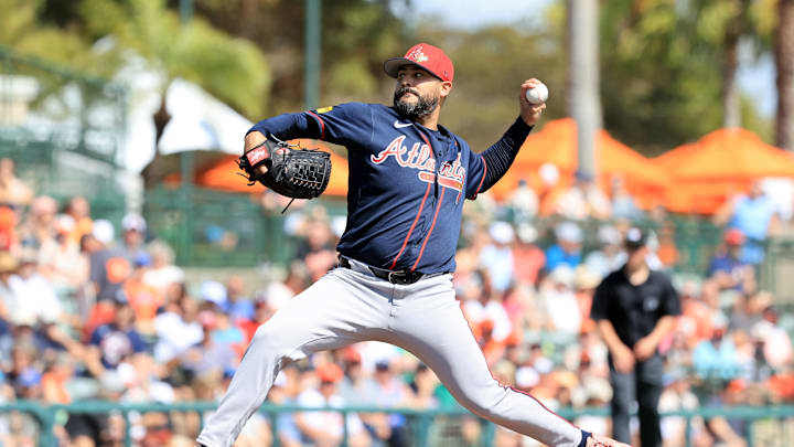 Feb 28, 2026; Sarasota, Florida, USA;  Atlanta Braves pitcher Martin Perez (70)  throws a pitch during the third inning against the Baltimore Orioles at Ed Smith Stadium. Mandatory Credit: Kim Klement Neitzel-Imagn Images