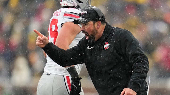 Ohio State Buckeyes head coach Ryan Day yells during the NCAA football game against the Michigan Wolverines at Michigan Stadium in Ann Arbor, Mich. on Nov. 29, 2025. Ohio State won 27-9.