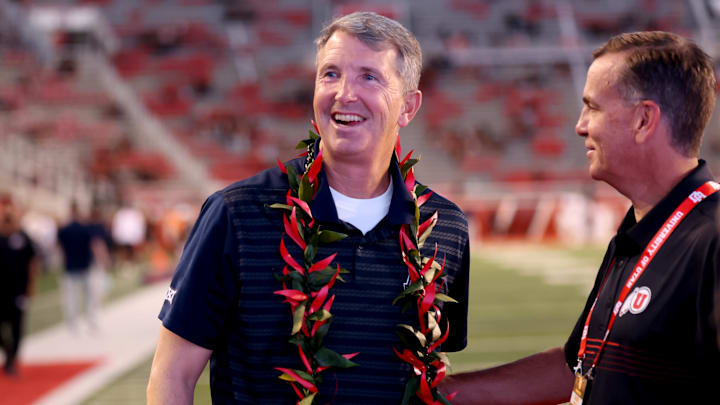 Sep 28, 2024; Salt Lake City, Utah, USA; Arizona Wildcats head coach Brent Brennan before a game against the Utah Utes at Rice-Eccles Stadium. Mandatory Credit: Rob Gray-Imagn Images