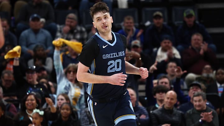 Jan 29, 2024; Memphis, Tennessee, USA; Memphis Grizzlies forward Matthew Hurt (20) reacts
