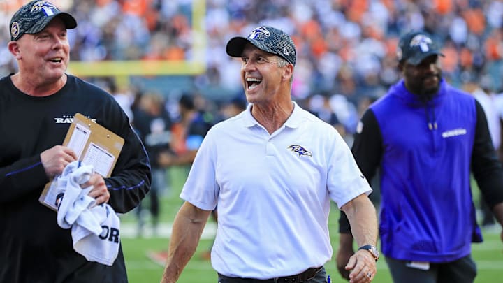 Oct 6, 2024; Cincinnati, Ohio, USA; Baltimore Ravens head coach John Harbaugh walks off the field after the victory over the Cincinnati Bengals at Paycor Stadium. Mandatory Credit: Katie Stratman-Imagn Images