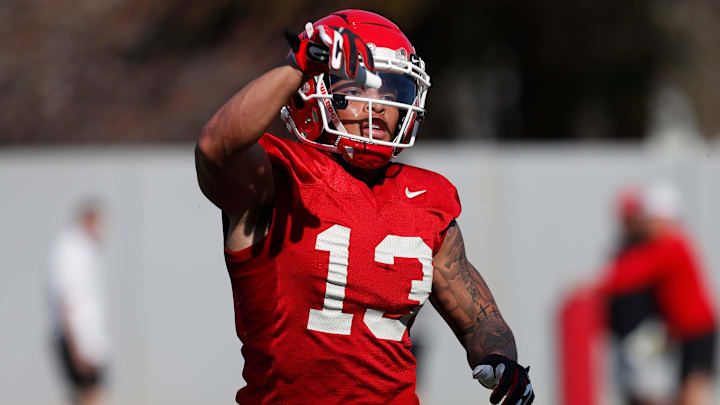Georgia wide receiver Michael Jackson III (13) runs a drill during spring practice in Athens, Ga., on Thursday, March 14, 2024.