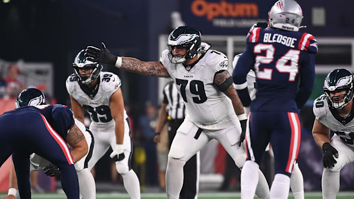Aug 15, 2024; Foxborough, MA, USA; Philadelphia Eagles guard Trevor Keegan (79) waits for the snap of the ball during the first half against the New England Patriots at Gillette Stadium. Mandatory Credit: Eric Canha-Imagn Images Aug 15, 2024; Foxborough, MA, USA; Philadelphia Eagles guard Trevor Keegan (79) waits for the snap of the ball during the first half against the New England Patriots at Gillette Stadium. Mandatory Credit: Eric Canha-Imagn Images