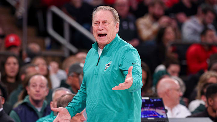 Jan 25, 2025; New York, New York, USA; Michigan State Spartans head coach Tom Izzo reacts during the first half against the Rutgers Scarlet Knights at Madison Square Garden. Mandatory Credit: Vincent Carchietta-Imagn Images Jan 25, 2025; New York, New York, USA; Michigan State Spartans head coach Tom Izzo reacts during the first half against the Rutgers Scarlet Knights at Madison Square Garden. Mandatory Credit: Vincent Carchietta-Imagn Images