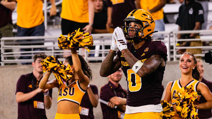 Aug 30, 2025; Tempe, Arizona, USA;  Arizona State Sun Devils wide receiver Jordyn Tyson (0) celebrates touchdown in the fourth quarter between Arizona State Sun Devils and Northern Arizona Lumberjacks at Mountain America Stadium. Mandatory Credit: Arianna Grainey-Imagn Images
