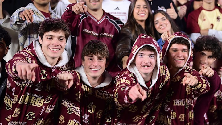 Oct 25, 2024; Chestnut Hill, Massachusetts, USA; Boston College Eagles fans cheer on the team during the first half against the Louisville Cardinals at Alumni Stadium. Mandatory Credit: Eric Canha-Imagn Images