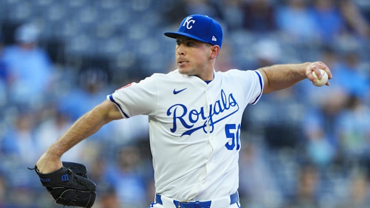Apr 22, 2025; Kansas City, Missouri, USA; Kansas City Royals starting pitcher Kris Bubic (50) pitches during the first inning against the Colorado Rockies at Kauffman Stadium. Mandatory Credit: Jay Biggerstaff-Imagn Images