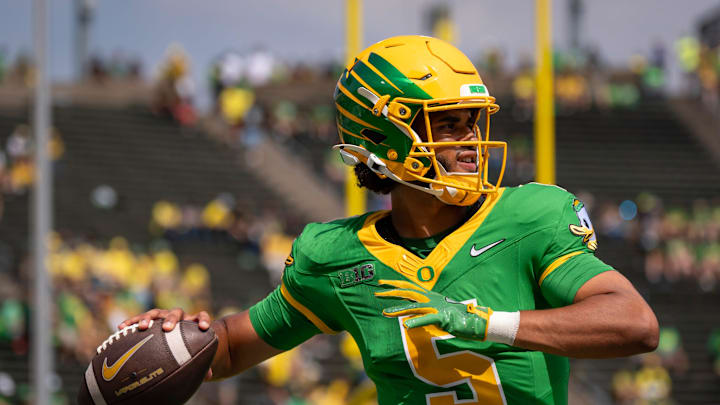 Oregon quarterback Dante Moore throws a pass during warmups as the Oregon Ducks host the Montana State Bobcats on Aug. 30, 2025, at Autzen Stadium in Eugene, Oregon.