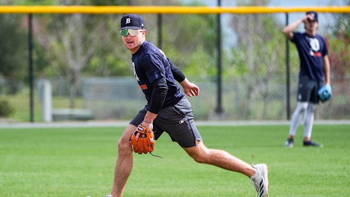 Detroit Tigers prospect Kevin McGonigle practices during spring training at TigerTown in Lakeland on Friday, Feb. 20, 2025.