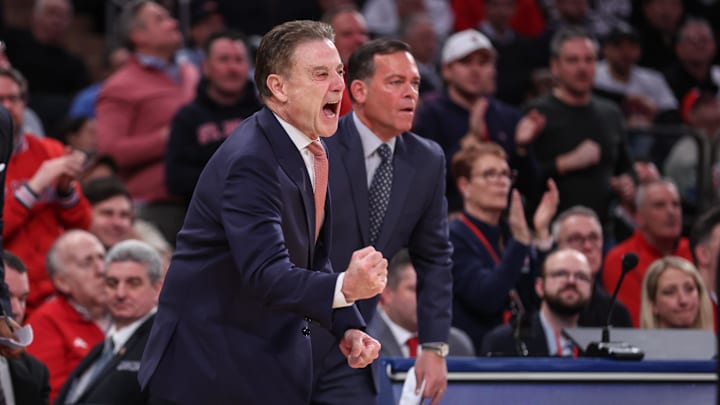Mar 3, 2026; New York, New York, USA;  St. John's basketball head coach Rick Pitino reacts to a play in the second half against the Georgetown Hoyas at Madison Square Garden.