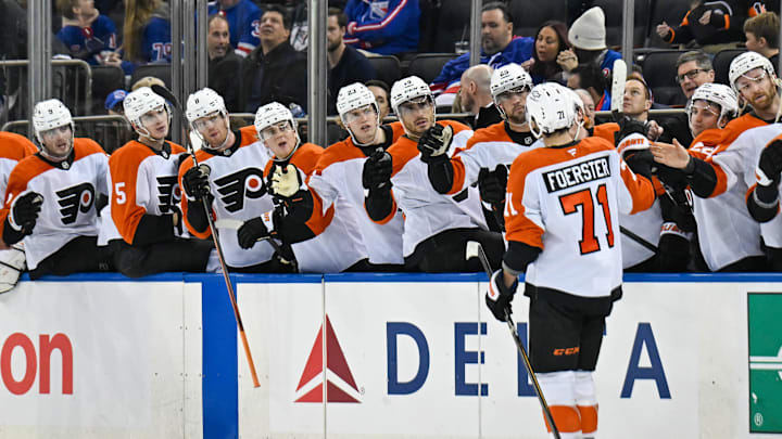 Apr 9, 2025; New York, New York, USA;  Philadelphia Flyers right wing Tyson Foerster (71) celebrates his goal against the New York Rangers during the third period at Madison Square Garden. 