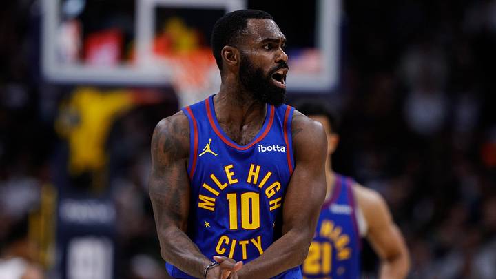 Jan 11, 2026; Denver, Colorado, USA; Denver Nuggets guard Tim Hardaway Jr. (10) reacts in the fourth quarter against the Milwaukee Bucks at Ball Arena.