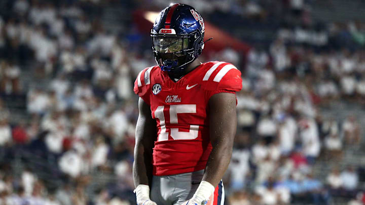 Aug 30, 2025; Oxford, Mississippi, USA; Mississippi Rebels defensive end Da'Shawn Womack (15) reacts after a defensive stop during the fourth quarter against the Georgia State Panthers at Vaught-Hemingway Stadium. Mandatory Credit: Petre Thomas-Imagn Images