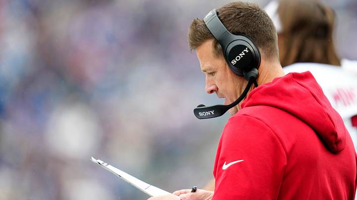 Arizona Cardinals Head Coach, Mike LaFleur, is shown on the sideline during the first quarter, Sunday, October 4, 2026, in East Rutherford.