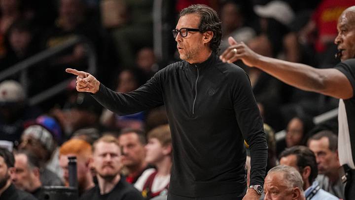 Apr 6, 2026; Atlanta, Georgia, USA; Atlanta Hawks head coach Quin Snyder reacts on the sideline during the game against the New York Knicks at State Farm Arena. Mandatory Credit: Dale Zanine-Imagn Images