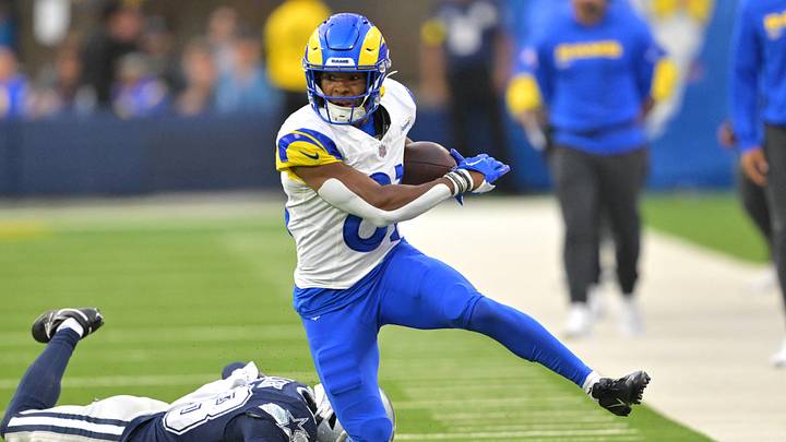 Aug 9, 2025; Inglewood, California, USA;  Los Angeles Rams wide receiver Brennan Presley (81) gets past Dallas Cowboys defensive end Payton Turner (98) on a 56 yard pass play during the second half at SoFi Stadium. Mandatory Credit: Jayne Kamin-Oncea-Imagn Images