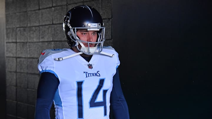 Dec 4, 2022; Philadelphia, Pennsylvania, USA; Tennessee Titans place kicker Randy Bullock (14) walks