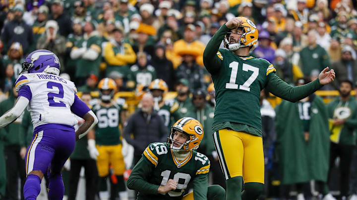 Nov 23, 2025; Green Bay, Wisconsin, USA; Green Bay Packers place kicker Brandon McManus (17) watches as his field goal attempt sails through the uprights against the Minnesota Vikings in the game at Lambeau Field. Mandatory Credit: Tork Mason-USA TODAY Network via Imagn Images