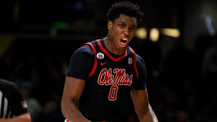 Feb 22, 2025; Nashville, Tennessee, USA; Mississippi Rebels forward Malik Dia (0) reacts after a called foul against the Vanderbilt Commodores during the second half at Memorial Gymnasium. Mandatory Credit: Steve Roberts-Imagn Images