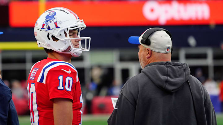 Oct 13, 2024; Foxborough, Massachusetts, USA; New England Patriots quarterback Drake Maye (10) on the sidelines with New England Patriots offensive coordinator Alex Van Pelt during the second half against the Houston Texans at Gillette Stadium. Mandatory Credit: Gregory Fisher-Imagn Images