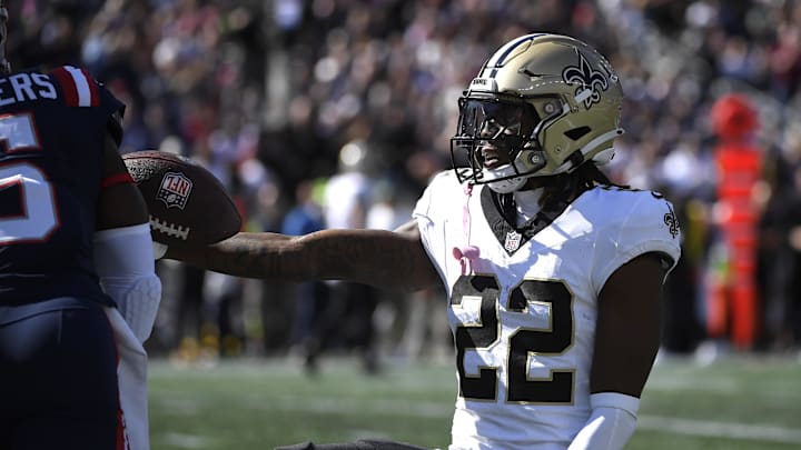 Oct 8, 2023; Foxborough, Massachusetts, USA; New Orleans Saints wide receiver Rashid Shaheed (22) reacts after making a first down during the first half against the New England Patriots at Gillette Stadium. Mandatory Credit: Bob DeChiara-Imagn Images