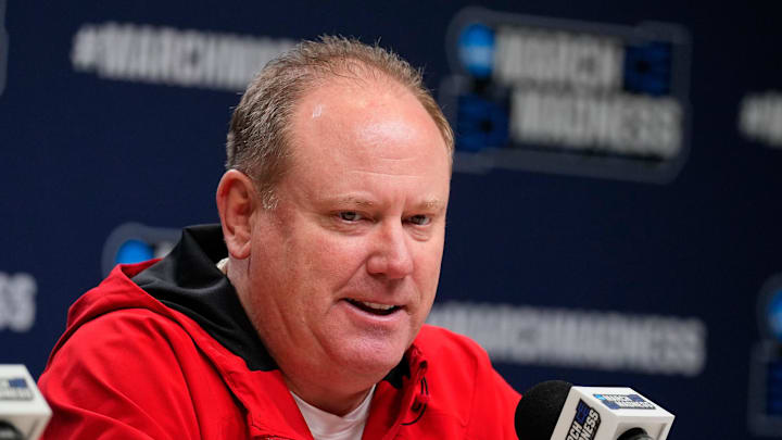 Mar 21, 2024; Brooklyn, NY, USA; Wisconsin coach Greg Gard talks to the media at a press conference at Barclays Center. Mandatory Credit: Robert Deutsch-Imagn Images