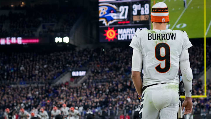 Injured Cincinnati Bengals quarterback Joe Burrow (9) paces the sideline in the fourth quarter of the NFL Week 11 game between the Baltimore Ravens and the Cincinnati Bengals at M&T Bank Stadium in Baltimore on Thursday, Nov. 16, 2023. The Bengals fell to the Ravens, 34-20.