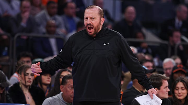 Jan 1, 2025; New York, New York, USA; New York Knicks head coach Tom Thibodeau reacts during the first half against the Utah Jazz at Madison Square Garden. Mandatory Credit: Vincent Carchietta-Imagn Images