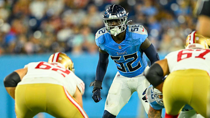 Tennessee Titans linebacker James Williams against the San Francisco 49ers. Mandatory Credit: Steve Roberts-Imagn Images