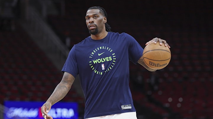 Feb 21, 2025; Houston, Texas, USA; Minnesota Timberwolves center Naz Reid (11) warms up before the game against the Houston Rockets at Toyota Center. Mandatory Credit: Troy Taormina-Imagn Images