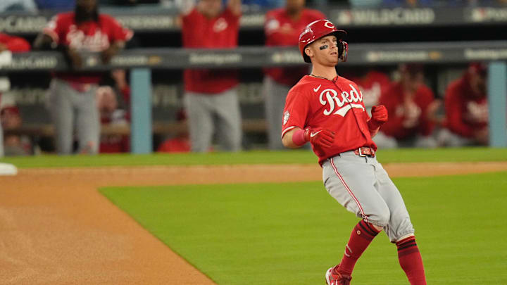 Cincinnati Reds second baseman Matt McLain doubles in the third inning against the Dodgers in a National League wild card series game in Los Angeles.