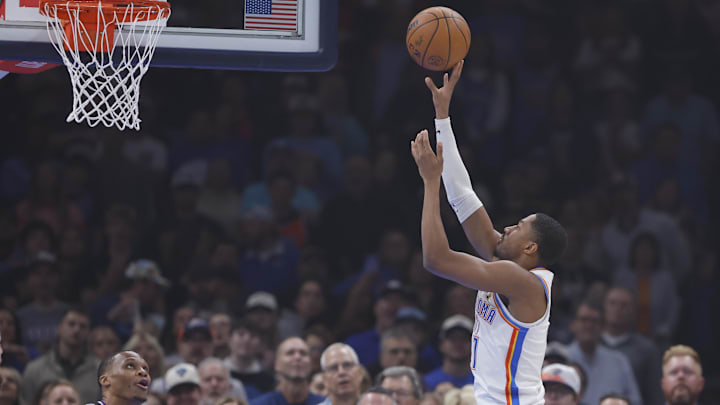 Oct 28, 2025; Oklahoma City, Oklahoma, USA; Oklahoma City Thunder guard Aaron Wiggins (21) scores a basket against the Sacramento Kings during the first quarter at Paycom Center. Mandatory Credit: Alonzo Adams-Imagn Images Oct 28, 2025; Oklahoma City, Oklahoma, USA; Oklahoma City Thunder guard Aaron Wiggins (21) scores a basket against the Sacramento Kings during the first quarter at Paycom Center. Mandatory Credit: Alonzo Adams-Imagn Images