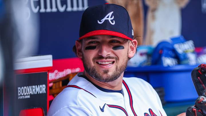 Jul 23, 2026; Cumberland, Georgia, USA; Atlanta Braves third baseman Austin Riley (27) in the dugout before the game against the San Diego Padres at Truist Park. Mandatory Credit: Jordan Godfree-Imagn Images