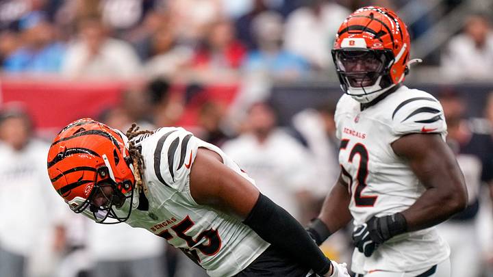 Cincinnati Bengals defensive end Cashius Howell (55) celebrates a sack in the fourth quarter of the NFL Week 2 game between the Houston Texans and the Cincinnati Bengals at Reliant Stadium in Houston on Sunday, Sept. 20, 2026. The Bengals improved to 2-0 on the season with a 20-6 win on the road.