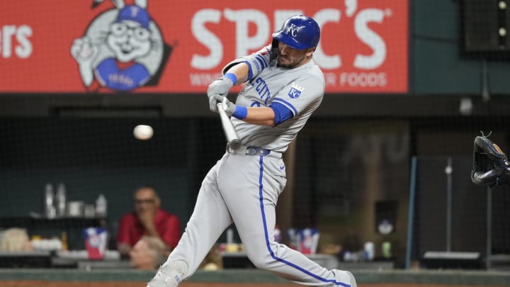 Jun 21, 2024; Arlington, Texas, USA; Kansas City Royals first baseman Vinnie Pasquantino (9) singles against the Texas Rangers during the eighth inning at Globe Life Field. Jun 21, 2024; Arlington, Texas, USA; Kansas City Royals first baseman Vinnie Pasquantino (9) singles against the Texas Rangers during the eighth inning at Globe Life Field.