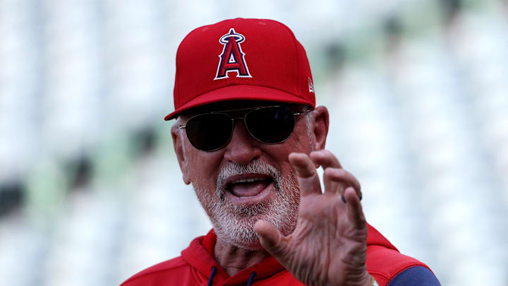 May 25, 2022; Anaheim, California, USA;  Los Angeles Angels manager Joe Maddon (70) on the field before the game against the Texas Rangers at Angel Stadium. Mandatory Credit: Kiyoshi Mio-Imagn Images