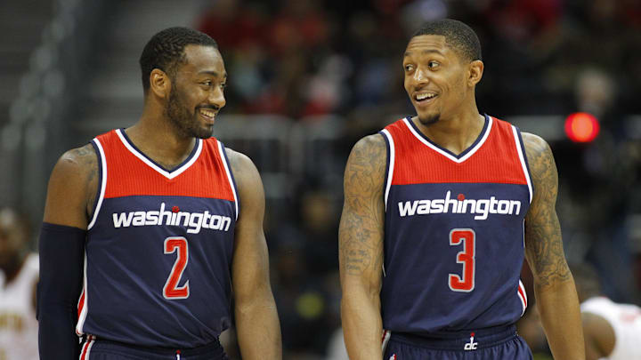 Apr 24, 2017; Atlanta, GA, USA; Washington Wizards guard John Wall (2) talks to guard Bradley Beal (3) against the Atlanta Hawks in the third quarter in game four of the first round of the 2017 NBA Playoffs at Philips Arena. Mandatory Credit: Brett Davis-Imagn Images
