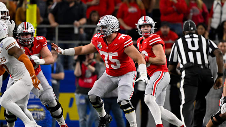 Jan 10, 2025; Arlington, TX, USA; Ohio State Buckeyes offensive lineman Carson Hinzman (75) in action during the game between the Texas Longhorns and the Ohio State Buckeyes at AT&T Stadium. Mandatory Credit: Jerome Miron-Imagn Images