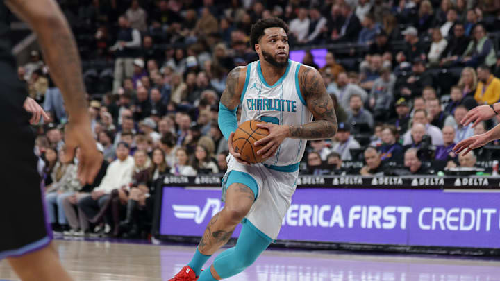 Jan 15, 2025; Salt Lake City, Utah, USA;  Charlotte Hornets forward Miles Bridges (0) drives during the first quarter against the Utah Jazz at Delta Center. Mandatory Credit: Chris Nicoll-Imagn Images