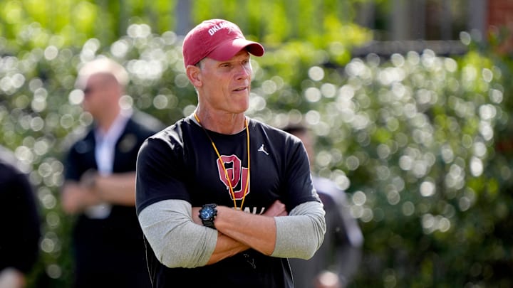 Oklahoma coach Brent Venables watches during a Sooners football spring practice in Norman, Okla., Thursday, April 9, 2026.