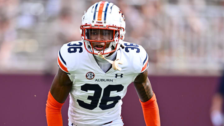 Auburn Tigers cornerback Jaylin Simpson (36) warms up prior to the game against the Texas A&M Aggies at Kyle Field.