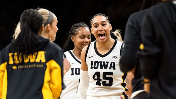 Iowa forward Hannah Stuelke (45) reacts during a basketball game against the Illinois Fighting Illini Feb. 26, 2026 at Carver-Hawkeye Arena in Iowa City, Iowa.