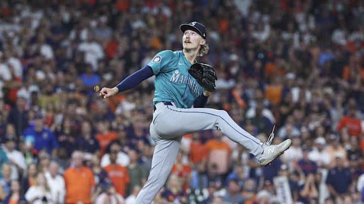 Seattle Mariners starting pitcher Bryce Miller (50) looks up after a pitch during the seventh inning against the Houston Astros at Minute Maid Park in 2024.