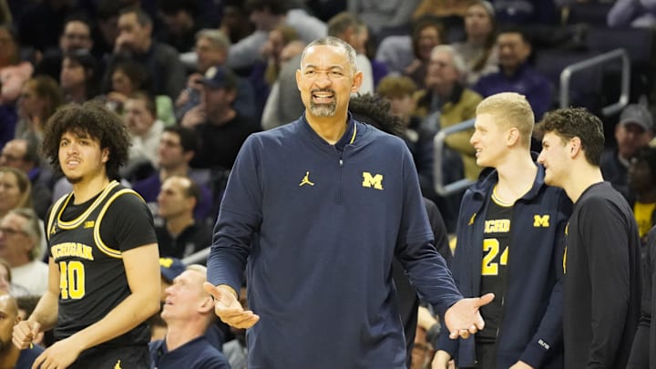 Feb 22, 2024; Evanston, Illinois, USA; Michigan Wolverines head coach Juwan Howard gestures to his
