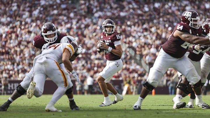 Sep 16, 2023; College Station, Texas, USA; Texas A&M Aggies quarterback Conner Weigman (15)