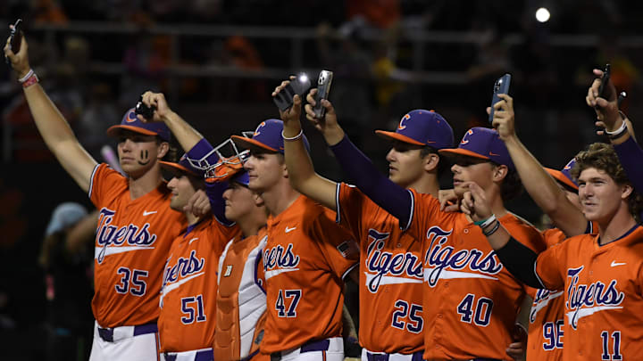 Clemson Tigers hold up their phone lights Thursday, Oct. 23, 2025, during the exhibition baseball game against the Savannah Bananas at Doug Kingsmore Stadium in Clemson, South Carolina. Clemson Tigers hold up their phone lights Thursday, Oct. 23, 2025, during the exhibition baseball game against the Savannah Bananas at Doug Kingsmore Stadium in Clemson, South Carolina.