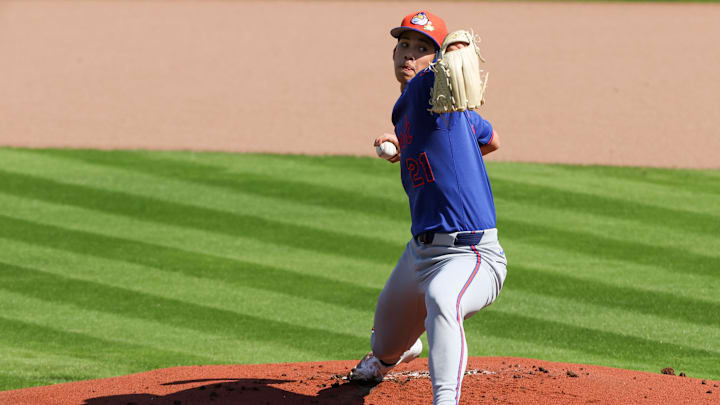 Feb 13, 2026; Port St. Lucie, FL, USA; New York Mets pitcher Jonah Tong (21) pitches a live batting practice during spring training at Clover Park. Mandatory Credit: Sam Navarro-Imagn Images