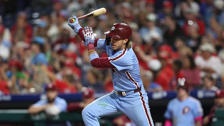 Sep 25, 2025; Philadelphia, Pennsylvania, USA; Philadelphia Phillies second base Bryson Stott (5) hits a single during the seventh inning against the Miami Marlins at Citizens Bank Park. Mandatory Credit: Bill Streicher-Imagn Images Sep 25, 2025; Philadelphia, Pennsylvania, USA; Philadelphia Phillies second base Bryson Stott (5) hits a single during the seventh inning against the Miami Marlins at Citizens Bank Park. Mandatory Credit: Bill Streicher-Imagn Images