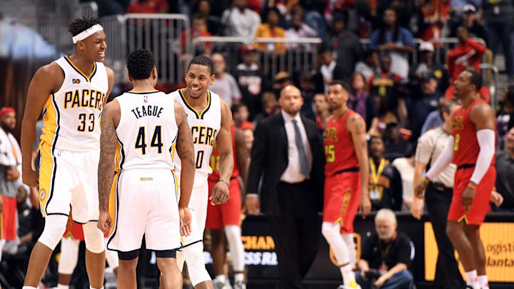 Mar 5, 2017; Atlanta, GA, USA; Indiana Pacers center Myles Turner (33) and guard Jeff Teague (44) celebrate with guard Glenn Robinson III (40) after he sunk the game winning three pointer against the Atlanta Hawks during the fourth quarter at Philips Arena. The Pacers defeated the Hawks 97-96. Mandatory Credit: John David Mercer-Imagn Images Mar 5, 2017; Atlanta, GA, USA; Indiana Pacers center Myles Turner (33) and guard Jeff Teague (44) celebrate with guard Glenn Robinson III (40) after he sunk the game winning three pointer against the Atlanta Hawks during the fourth quarter at Philips Arena. The Pacers defeated the Hawks 97-96. Mandatory Credit: John David Mercer-Imagn Images